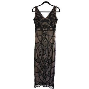 Black Beaded Gown Maxi Dress Size 10 Art Deco Sheer Lined Sleeveless Prom Formal